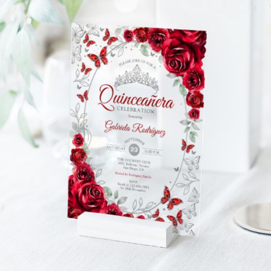 Red Silver Floral Quinceanera アクリル招待状