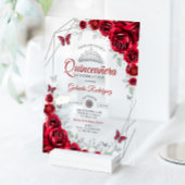 Red Silver Floral Quinceanera アクリル招待状