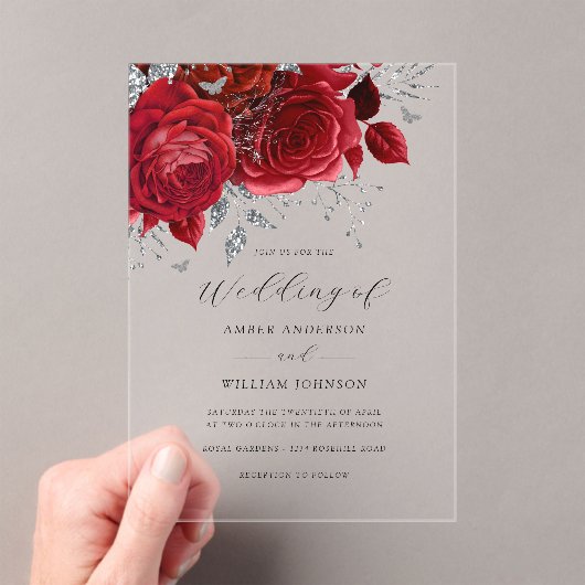 Red Silver Floral Rose Wedding   アクリル招待状 (インサイチュ (ポータブル))