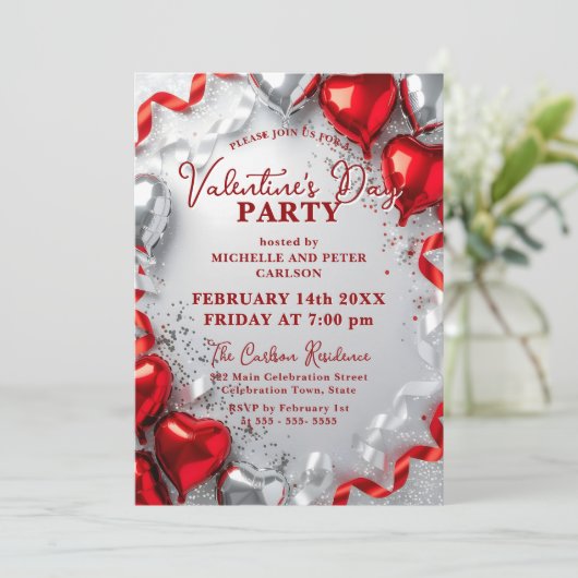 Red Silver Heart Balloons Valentine's Day Party 招待状 (スタンド正面)