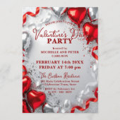 Red Silver Heart Balloons Valentine's Day Party 招待状 (正面)