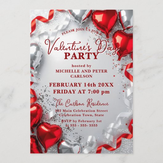 Red Silver Heart Balloons Valentine's Day Party 招待状 (正面)
