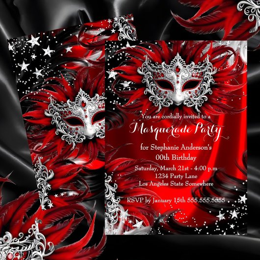 Red Silver Sparkle Magical Night Masquerade Party 招待状
