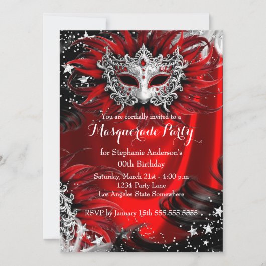 Red Silver Sparkle Magical Night Masquerade Party 招待状 (正面)