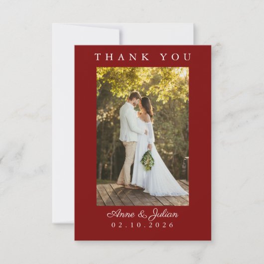 Red Simple Photo Wedding Thank You Card W Note サンキューカード (正面)