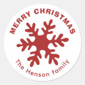 Red Simple Snowflake Merry Christmas Family ラウンドシール (正面)