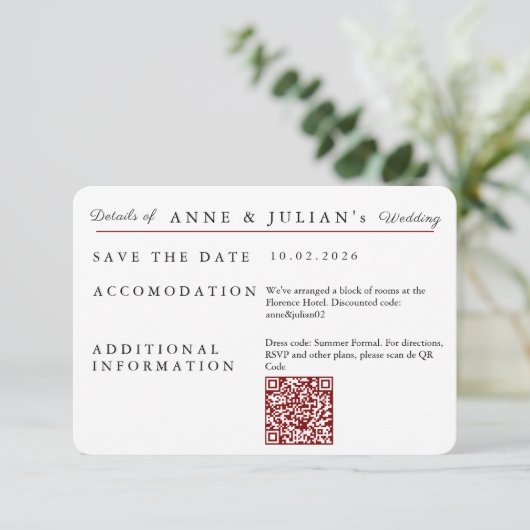 Red Simple Wedding Invitation Details Card 出欠カード (スタンド正面)