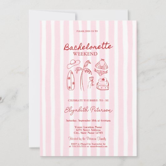 Red Sketch Bikinis & Martinis Pink Striped 招待状 (正面)