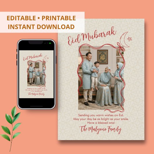 Red Sketch Ribbon Crescent Moon Photo Eid Mubarak  シーズンカード