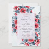 Red Slate Blue Dramatic Floral Wedding 招待状 (正面)