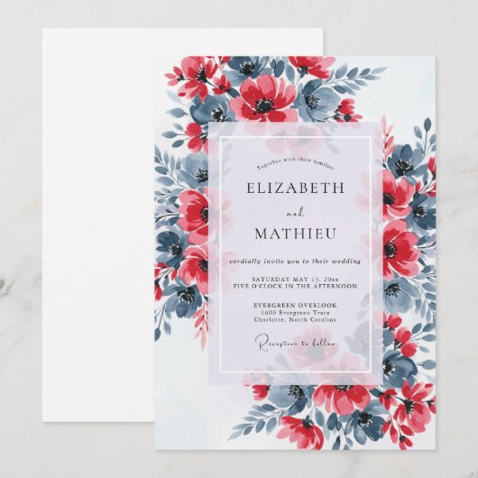 Red Slate Blue Dramatic Floral Wedding 招待状 (正面/裏面)