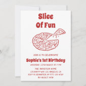 Red Slice of Fun Pizza First Birthday Party   招待状 (正面)