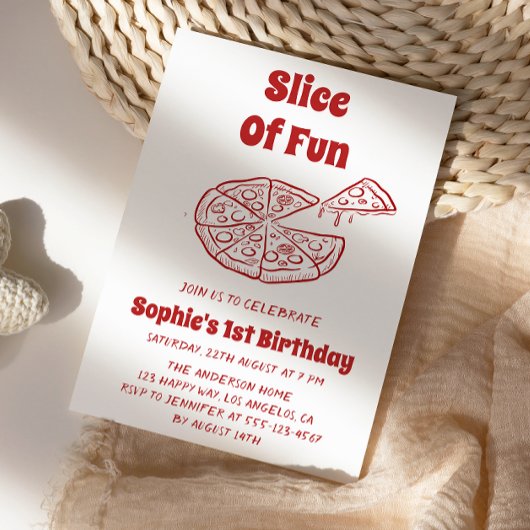 Red Slice of Fun Pizza First Birthday Party   招待状