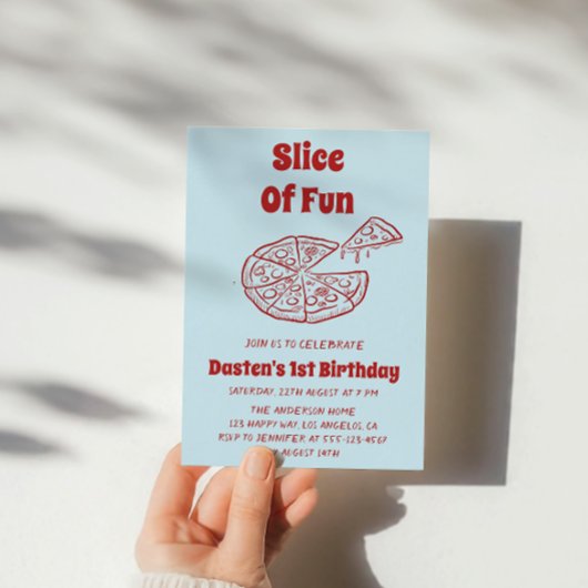 Red Slice of Fun Pizza First Birthday Party   招待状