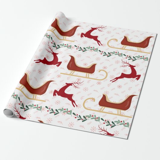 Red Snowflake & Reindeer Wrapping Paper | Festive ラッピングペーパー (アンロールド)