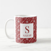 Red Snowflake Swirl Monogram Name コーヒーマグカップ (左)