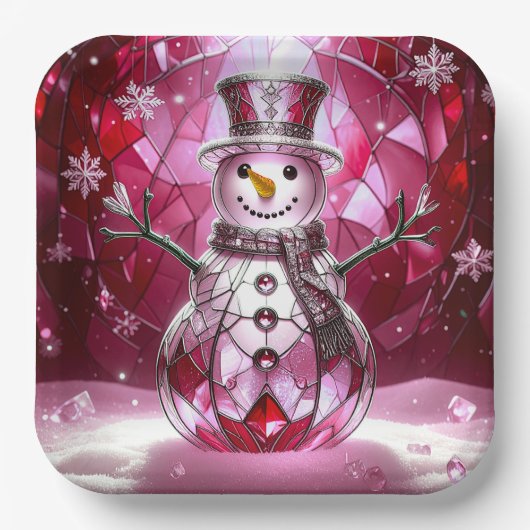 Red Snowman Snowflakes Holiday Paper Plate ペーパープレート (正面)
