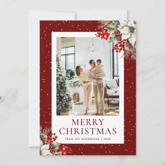 Red Snowy Botanical Photo Christmas Card シーズンカード (正面)