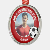 Red Soccer Player Photo High School Christmas メタルオーナメント (左)