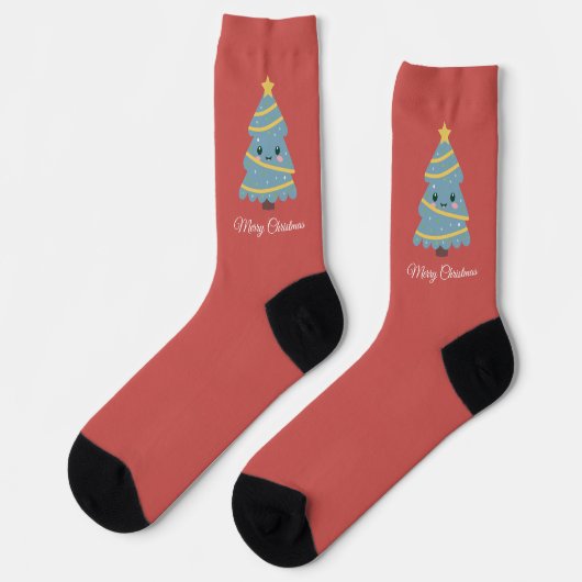Red Socks with Kawaii Christmas Tree ソックス (左)