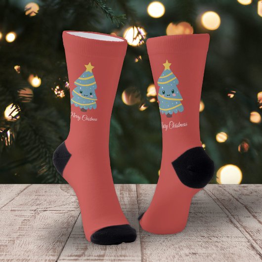 Red Socks with Kawaii Christmas Tree ソックス