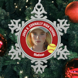 Red Softball Player Photo High School Keepsake スノーフレークピューターオーナメント