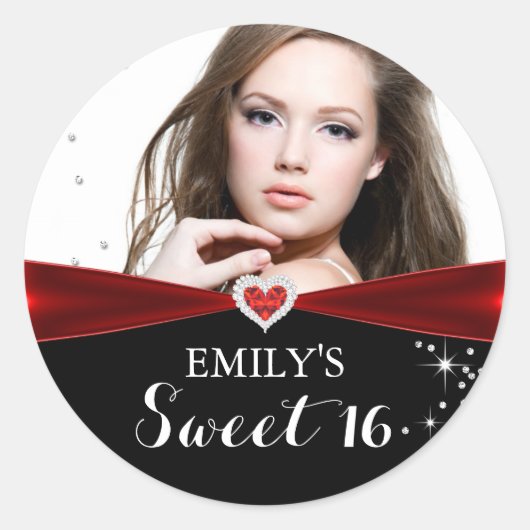 Red Sparkleハート写真Sweet sixteenシール ラウンドシール (正面)
