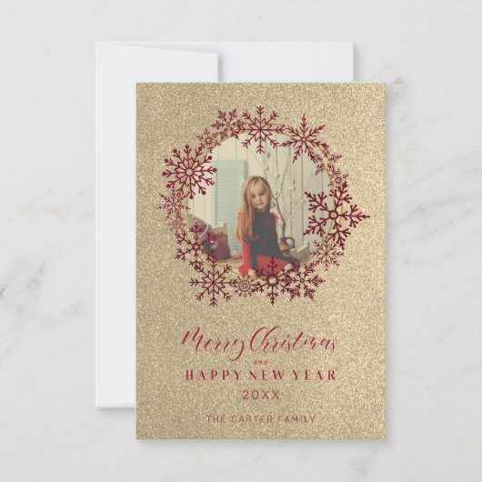 Red Sparkles Snowflakes Christmas Family Photo (正面)