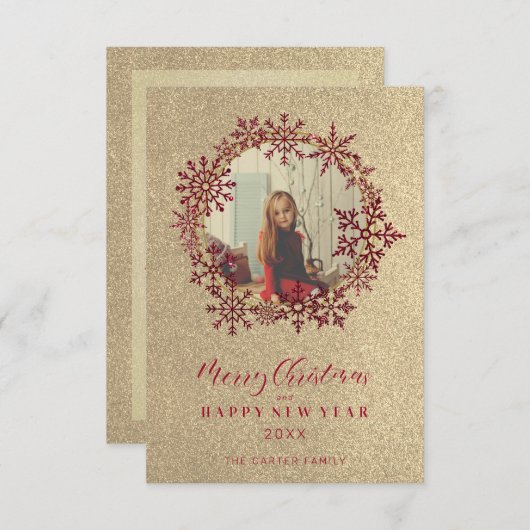 Red Sparkles Snowflakes Christmas Family Photo (正面/裏面)