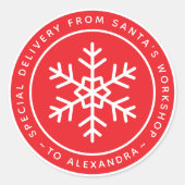 Red Special Delivery from Santa to Name Snowflake ラウンドシール (正面)
