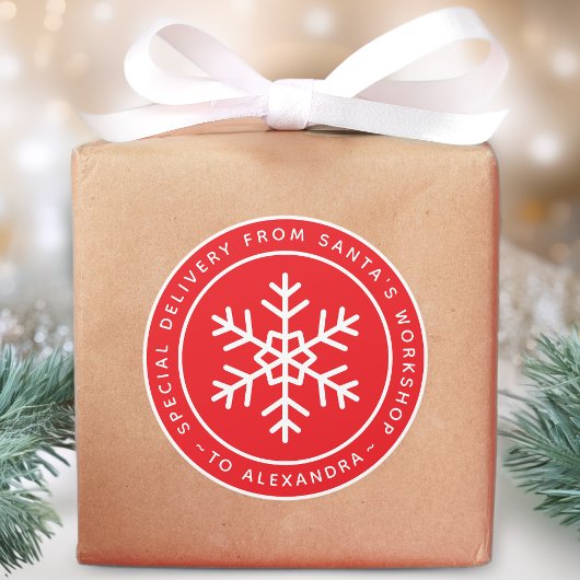 Red Special Delivery from Santa to Name Snowflake ラウンドシール