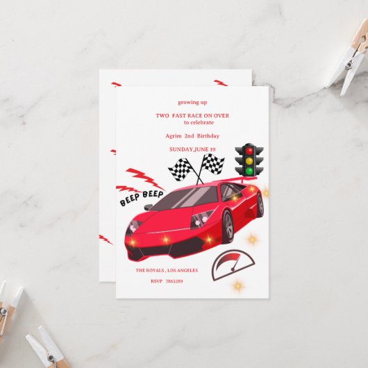 Red Sports Car Racing Theme Party Invite 招待状 (正面/裏面インサイチュ)