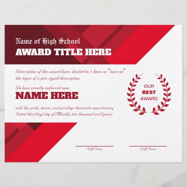 RED SPORTS RECOGNITION AWARD CERTIFICATE レターヘッド (正面)