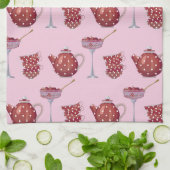 Red Spotty Tea Set and Strawberries Pink Pattern キッチンタオル (折り畳み)
