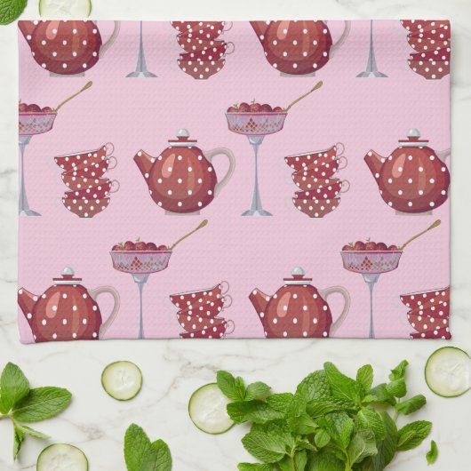 Red Spotty Tea Set and Strawberries Pink Pattern キッチンタオル (折り畳み)
