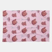 Red Spotty Tea Set and Strawberries Pink Pattern キッチンタオル (横)