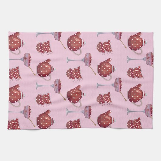 Red Spotty Tea Set and Strawberries Pink Pattern キッチンタオル (横)