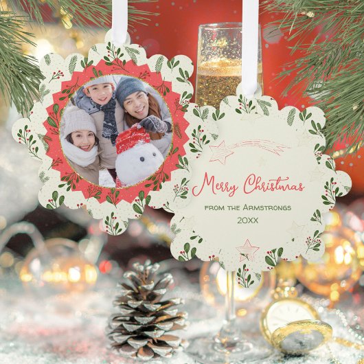 Red Star Winter Photo Christmas Keepsake オーナメントカード