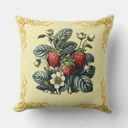 Red Strawberries and White Floral Greenery Pattern クッション (正面)