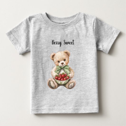Red Strawberries Berry Sweet Green Bow Teddy Bear ベビーTシャツ (正面)