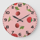 Red Strawberry and Cherry Pattern Pink Fruit ラージ壁時計 (正面)