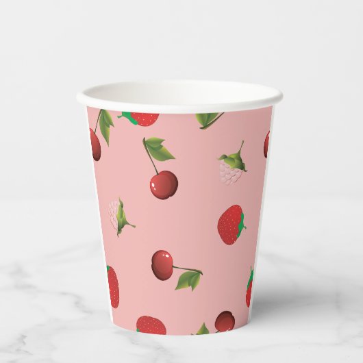 Red Strawberry and Cherry Pattern Pink Fruit 紙コップ (正面)