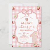  Red Strawberry Daisy Coquette Berry 1st Birthday 招待状 (正面)