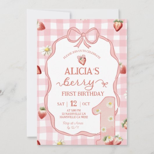  Red Strawberry Daisy Coquette Berry 1st Birthday 招待状 (正面)