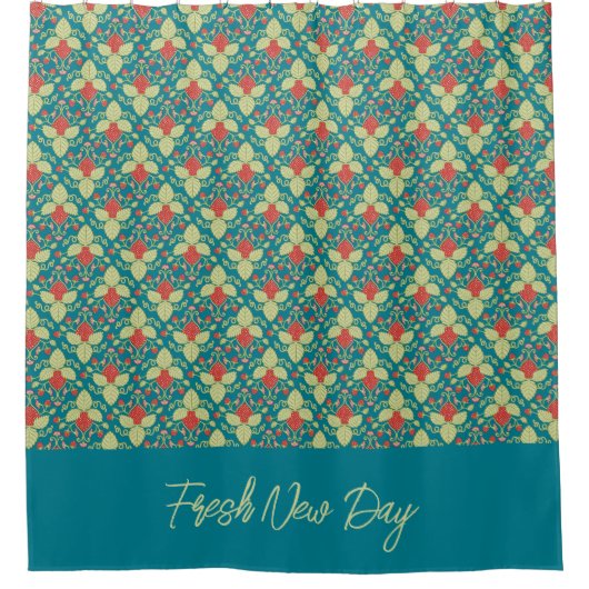 Red Strawberry fruit and pink blossoms シャワーカーテン (正面)