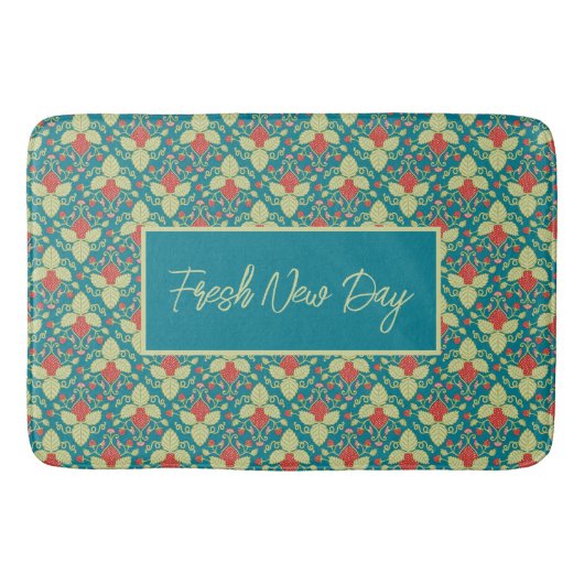 Red Strawberry fruit and pink blossoms バスマット (正面)