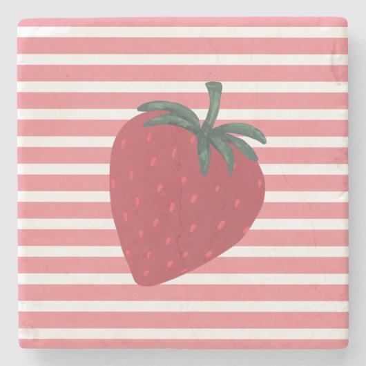 Red Strawberry Fruit and Stripes ストーンコースター (正面)