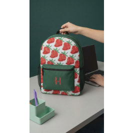 Red Strawberry Pattern Green Backpack プリントバックパック