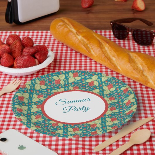 Red Strawberry & Pink Flower & Vines ペーパープレート (ピクニック)