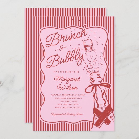 Red Stripe Bow Brunch and Bubbly Bridal Shower 招待状 (正面/裏面)